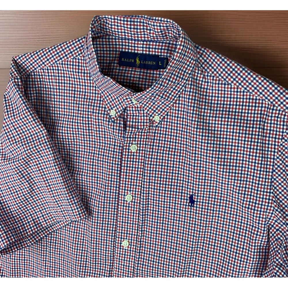Polo Ralph Lauren Shirt Gingham Plaid Short Sleeve Button Front Men‎ Sz L Pony